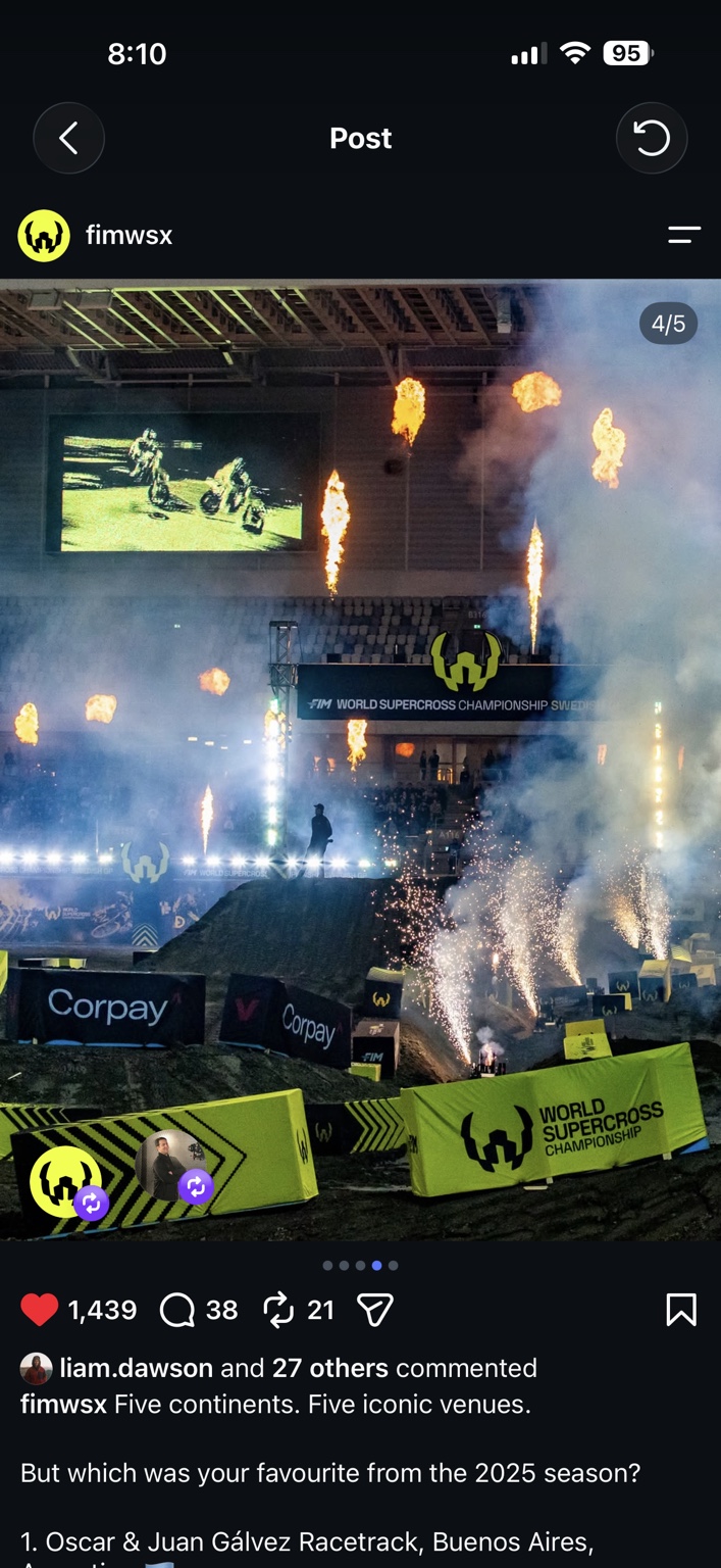World Supercross jumps and pyrotechnics inside an arena